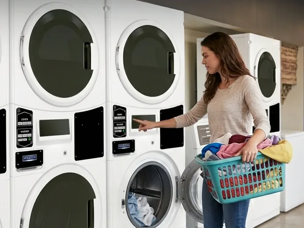 Cliente usando lavadoras e secadoras Maytag Commercial