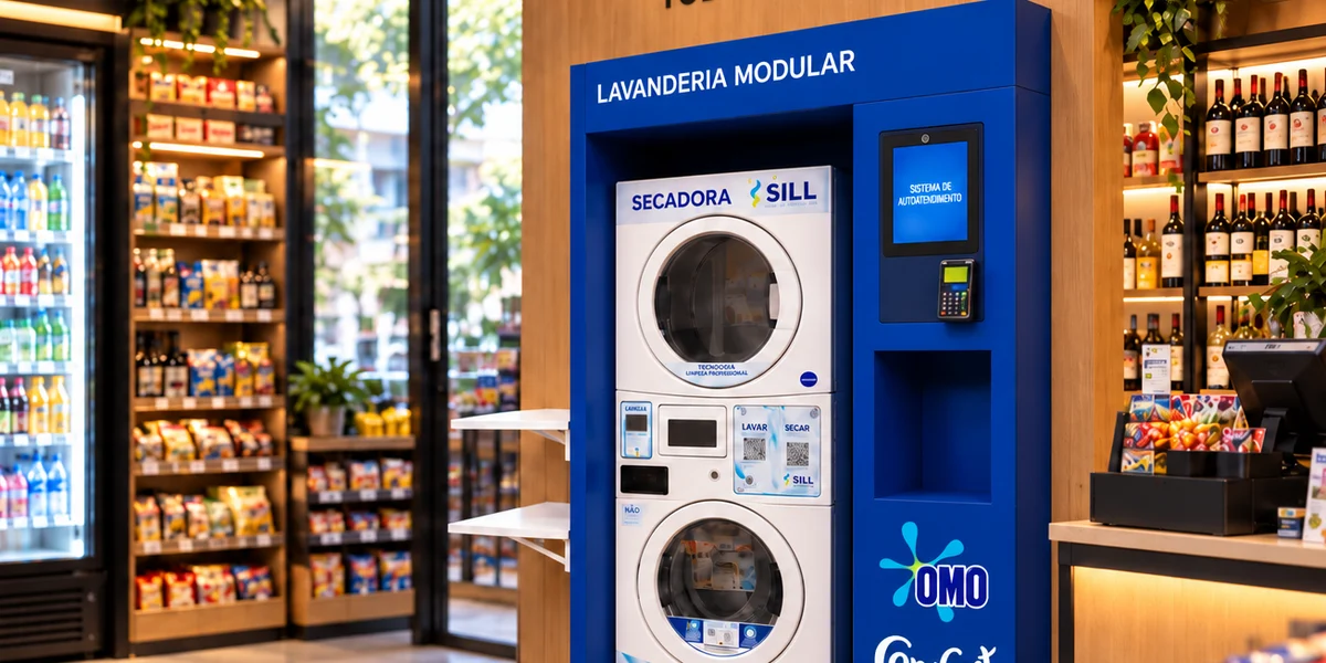 Lavanderia modular com lavadora e secadora empilhadas em loja de conveniência